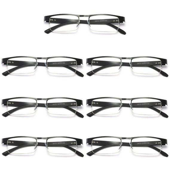 7 Pairs Mens Rectangular Metal Half Frame Reading Glasses Spring Hinge Black Readers 0.75