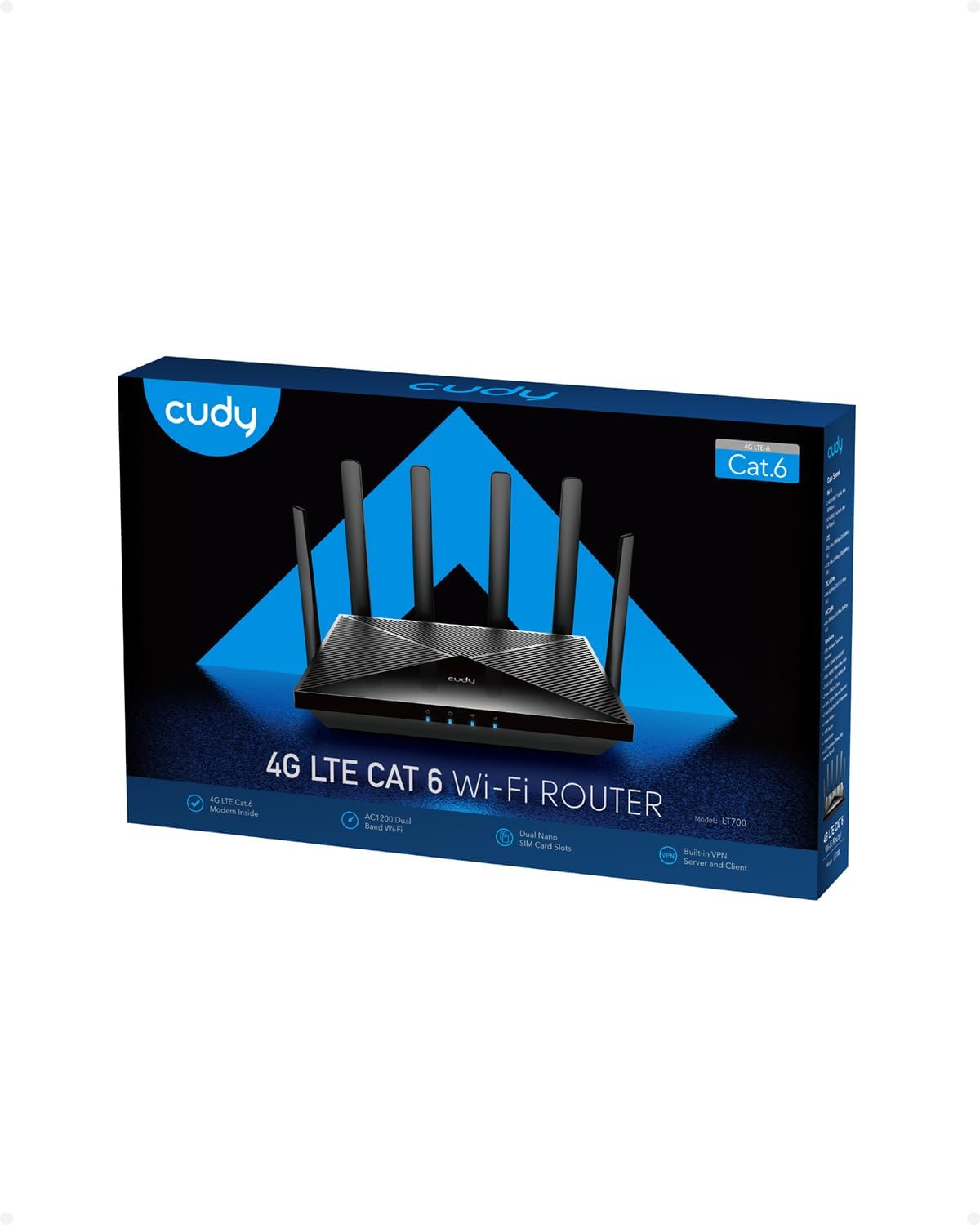 Cudy New 4G LTE Cat 6 WiFi Router, Qualcomm Chipset, LTE Modem, Dual SIM 4G Cellular Router, AC1200 Dual Band WiFi, 4 Gigabit Ports, OpenVPN, WireGuard, Band Lock, TTL, at Command