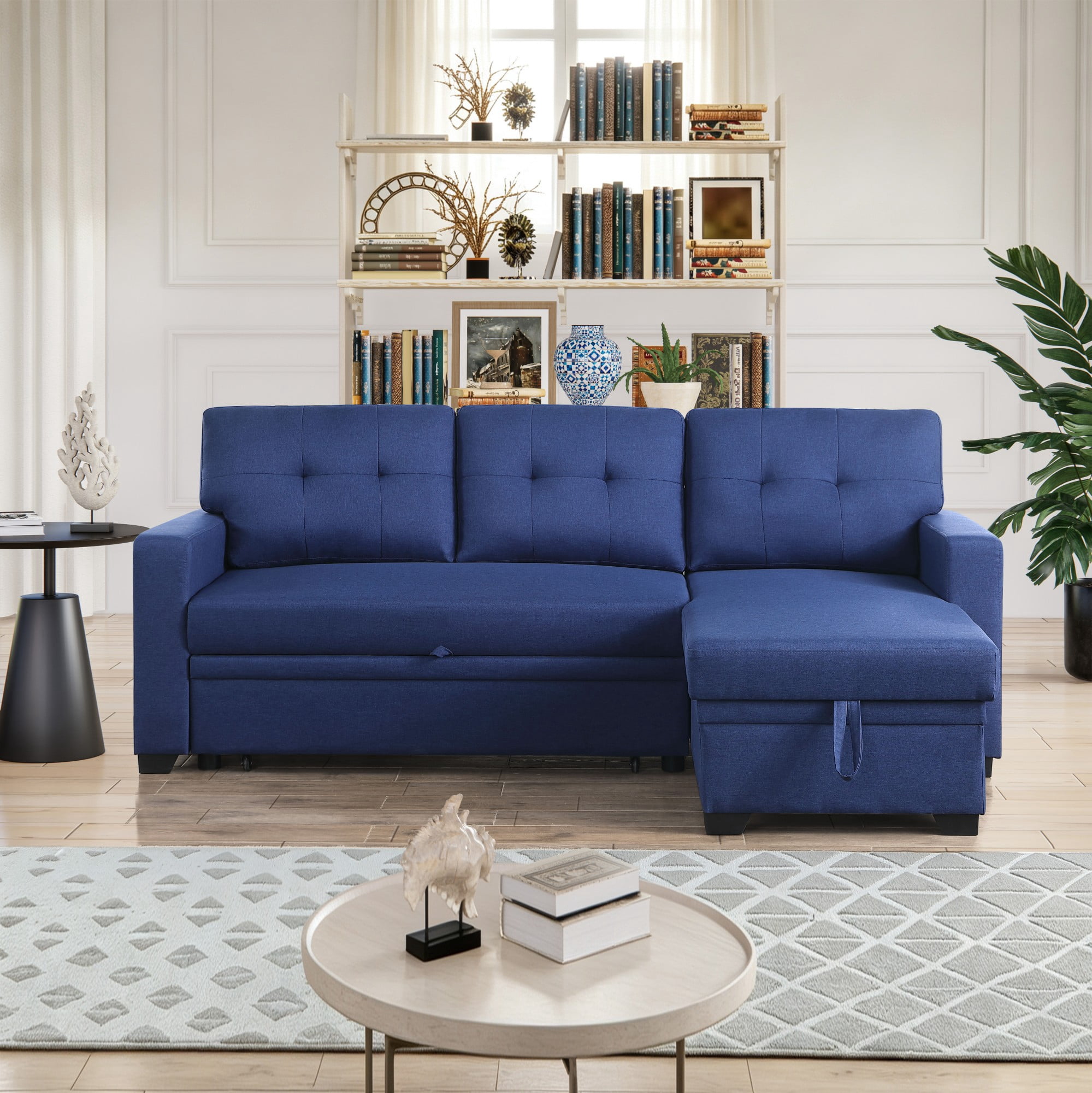 BSHTI 82" 3-Seat Linen Pull Out Sectional Sleeper Sofa with Storage Chaise, Removable Back Cushions for Living Room（Blue）