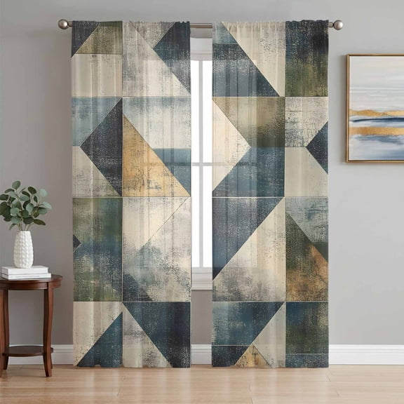 Rhombus Navy Blue Green Sheer Curtains 72 Inch Length 2 Panels Set, Geometric Modern Abstract Voile Window Treatment Rod Pocket Curtains Sheers Drapes for Bedroom/Living Room/Kitchen 52"x72"x2