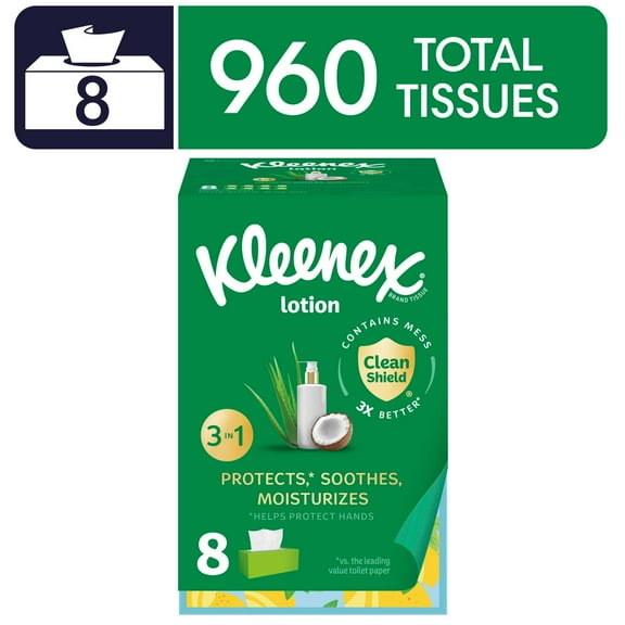 Kleenex Lotion Facial Tissues with Coconut Oil, 8 Flat Boxes, 120 Tissues Per Box, 3-Ply