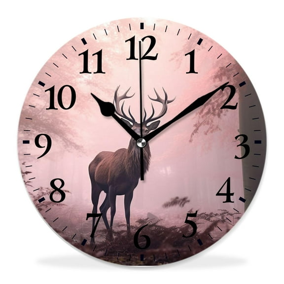 12 Inch Wall Clock Battery Operated Silent Clock Decorative for Office, Kitchen, Outdoor, Living Room，Deer Antler with Down Fantasy forest Woodland Print