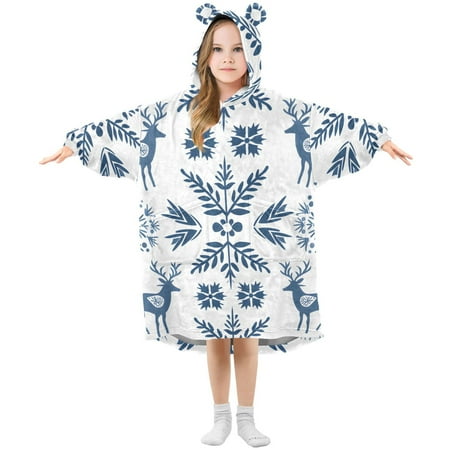 

joogoo Wearable Blanket Hoodie for Kids Deer Christmas Snowflakes Flannel Oversized Sweatshirt 3-14 Years S