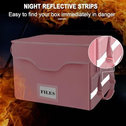 Fireproof Document Box with Lock,File Storage Organizer with Pockets,Collapsible Portable File Box Home Office Safe Filing Cabinet with Handle for Hanging Letter/Legal Folders,Pink,2 Pack
