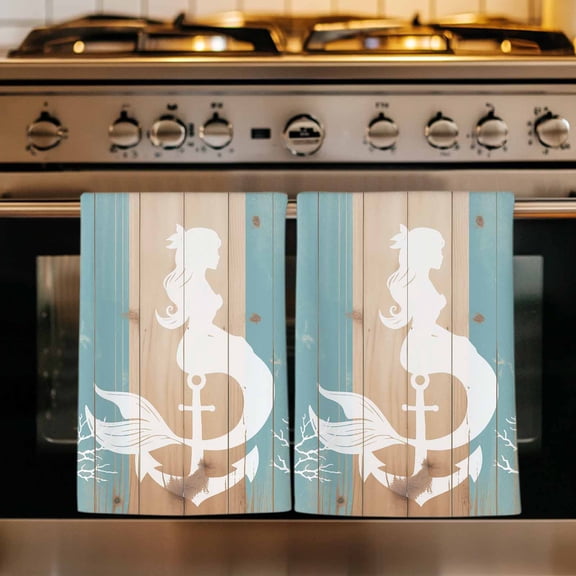 Coastal Mermaid Anchor Kitchen Towels Set of 3, Summer Coral Ocean Vintage Wood Absorbent Dish Towels for Kitchen, Microfiber Hand Towel, Quick Drying Tea Towel for Cleaning Decorative Dishcloths