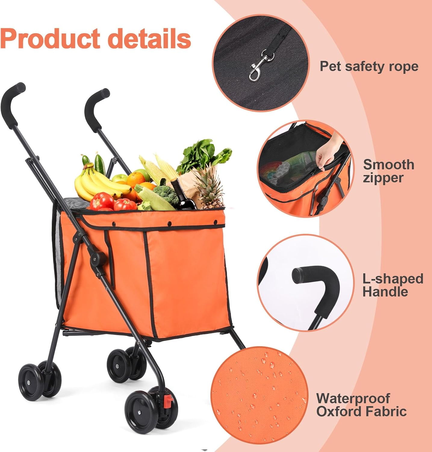 Dog Strollers, Shopping Cart, Collapsible Folding Utility Wagons Carts Heavy Duty, The Original Patented, 60lbs Capacity, Minimalist for Cats Pets Outdoor Camping Shopping Sports Garden (Orange)
