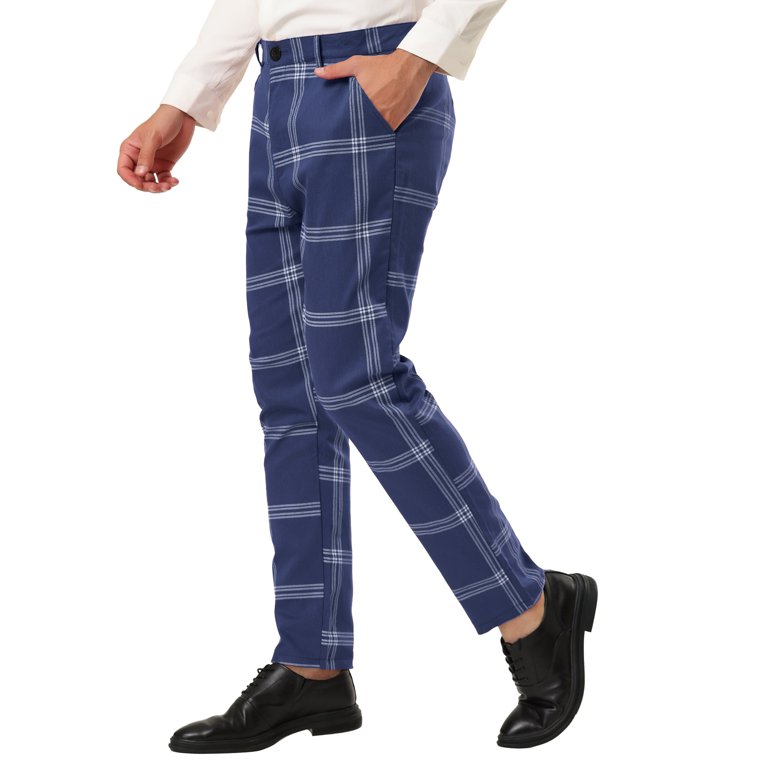 Unique Bargains Men's Plaid Pants Casual Slim Fit Flat Front