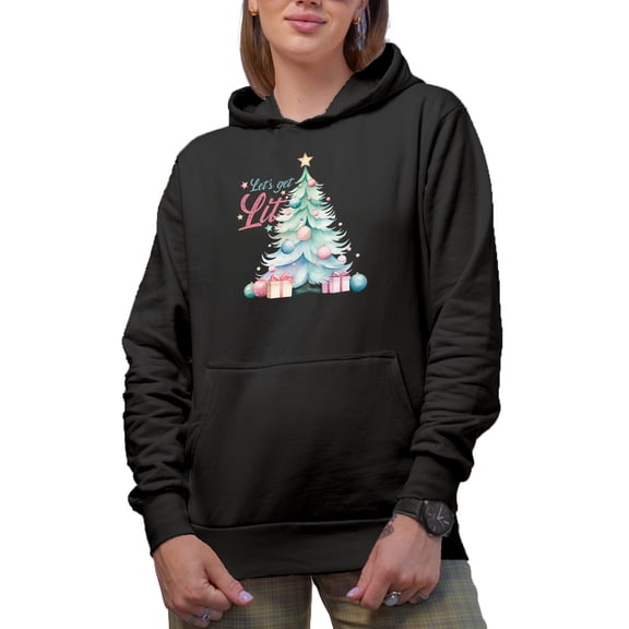 Let's Get Lit with Christmas Tree, Balls & Presents Art Gift, Black Hooded Sweatshirt or Hoodie, Small