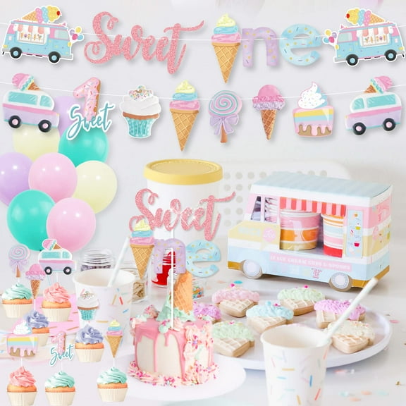1st Birthday Ice Cream Party Supplies, Sweet One Banner Cake Cupcake Toppers Macaron Balloons for Summer Ice Cream Popsicle Theme