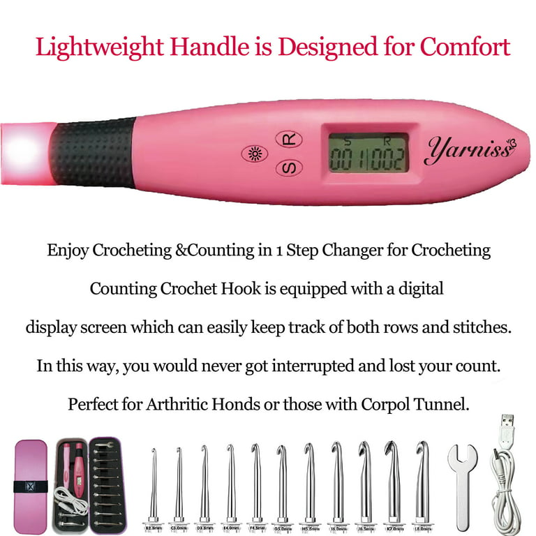 Lighted Counting Crochet Hooks Kit with Display, Ergonomic Rechargeable  Crochet Hook Set with Counter to Track Rows and Stitches, 9 Sizes