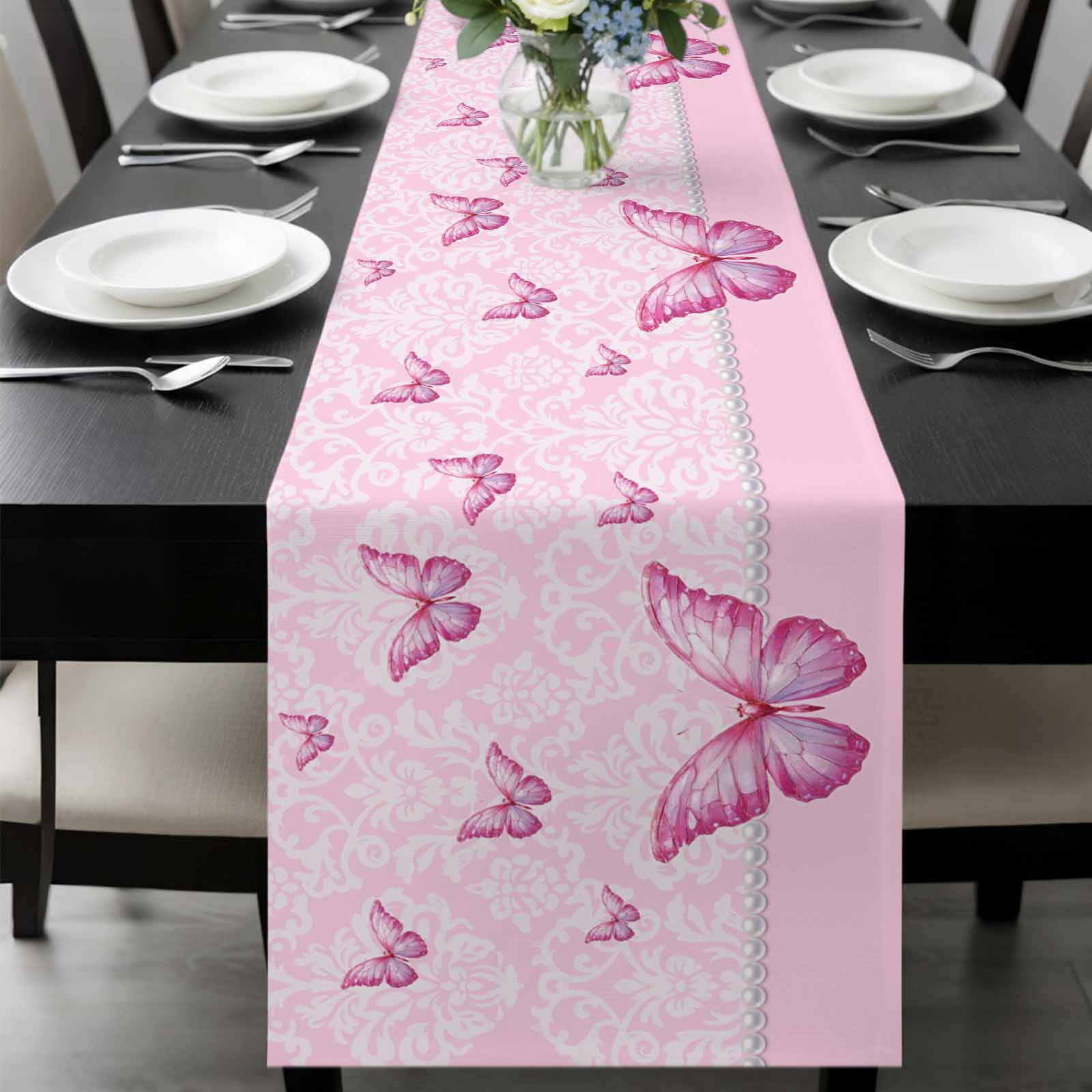 Butterfly Floral Table Runner Pink Floral Texture Butterflies Pearl Washable Cotton-linen Table Runners Dining Kitchen Decoration for Everyday Home Wedding Party Decor 13 x 90 Inch