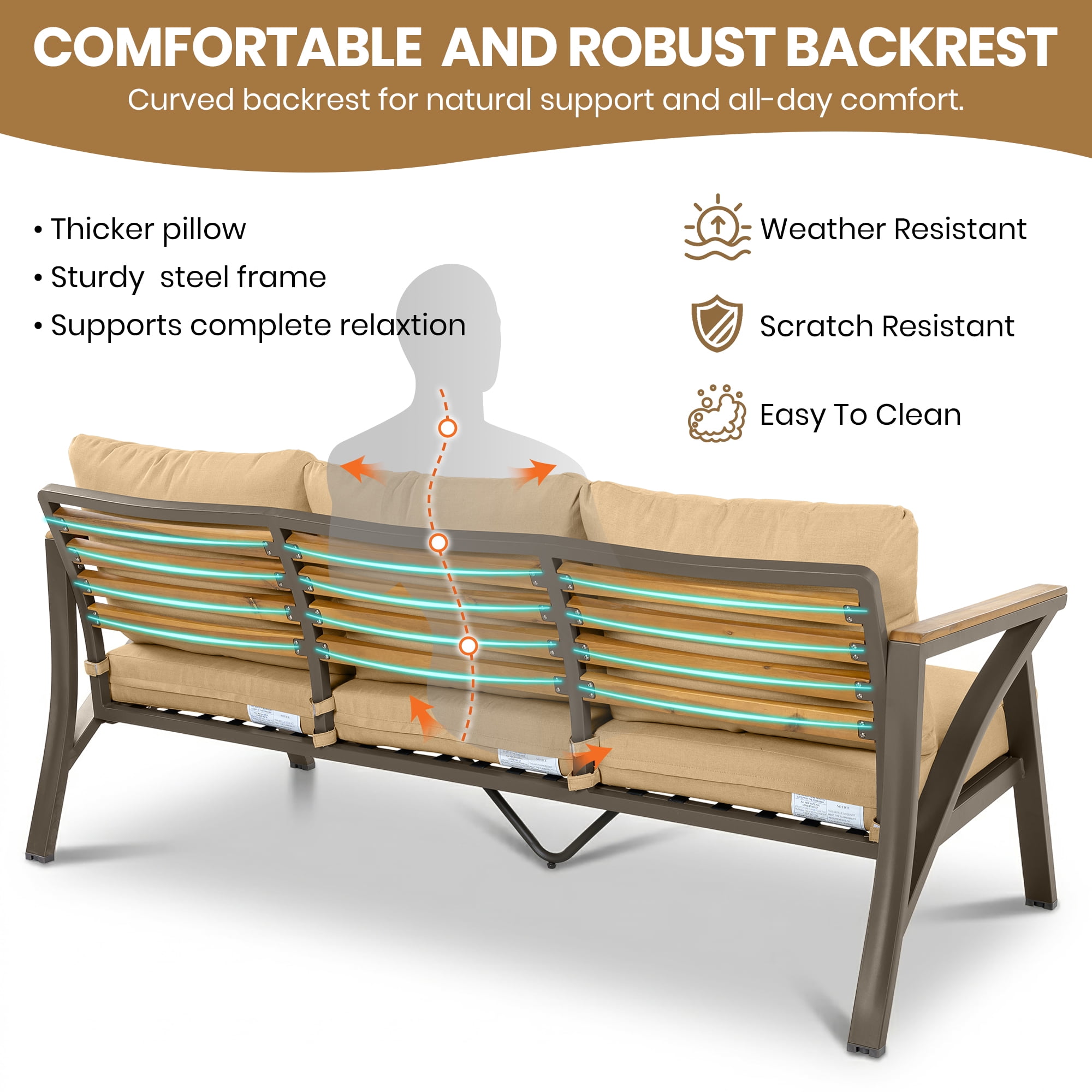 Complete 6-Piece Outdoor Patio Furniture Set with Steel Frame Sofa, 3-Seat Couch, 2 Armchairs, 2 Ottomans and Acacia Wood Coffee Table, Cushions for Backyard Garden, Brown