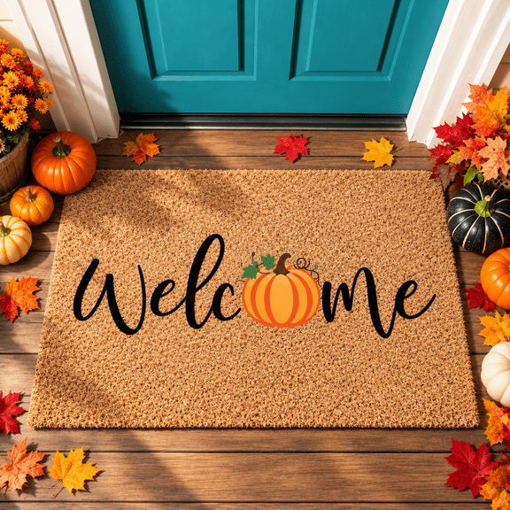 Fall Door Mat Pumpkin Welcome Floor Mat Halloween Door Mat Autumn Thanksgiving Outdoor Non-Slip Rug Natural Coir Door Mat