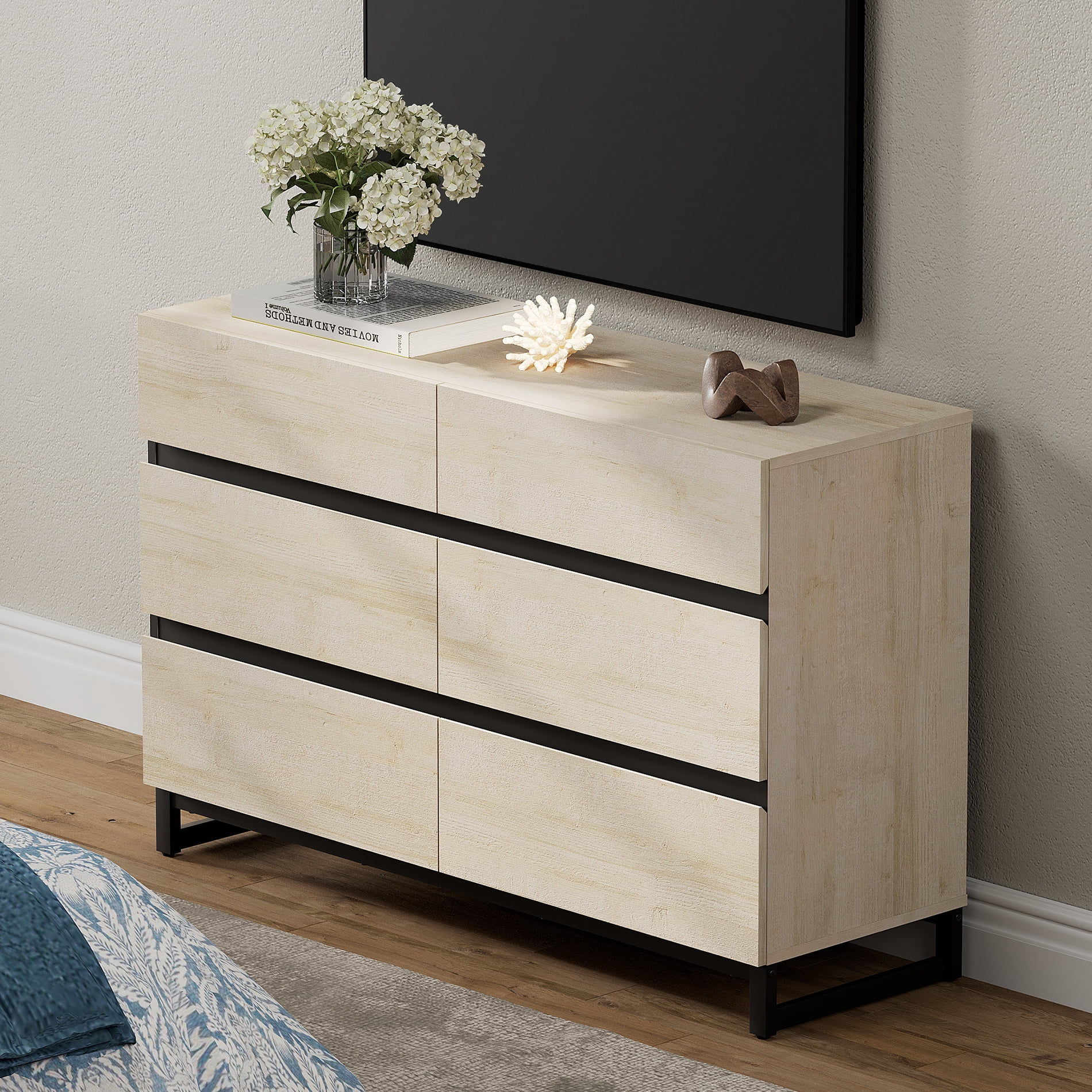 WAMPAT 6-Drawer TV Stand, Modern Media Entertainment Center with Metal Base, Wooden Storage Console Fits 50 Inch TV for Home Living Room, Beige