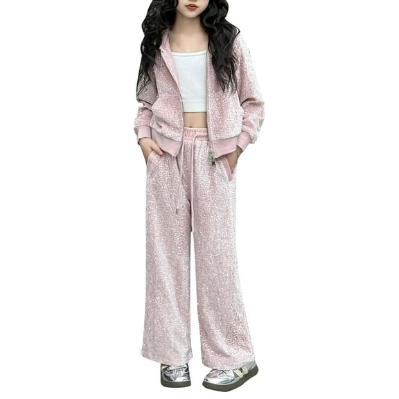 Coerni Girls 2 Piece Sequined Y2K Outfits Kids Fleece Zip up Hoodie jogger Sweatpants Kids Korean Style Tracksuit Sweatshirt