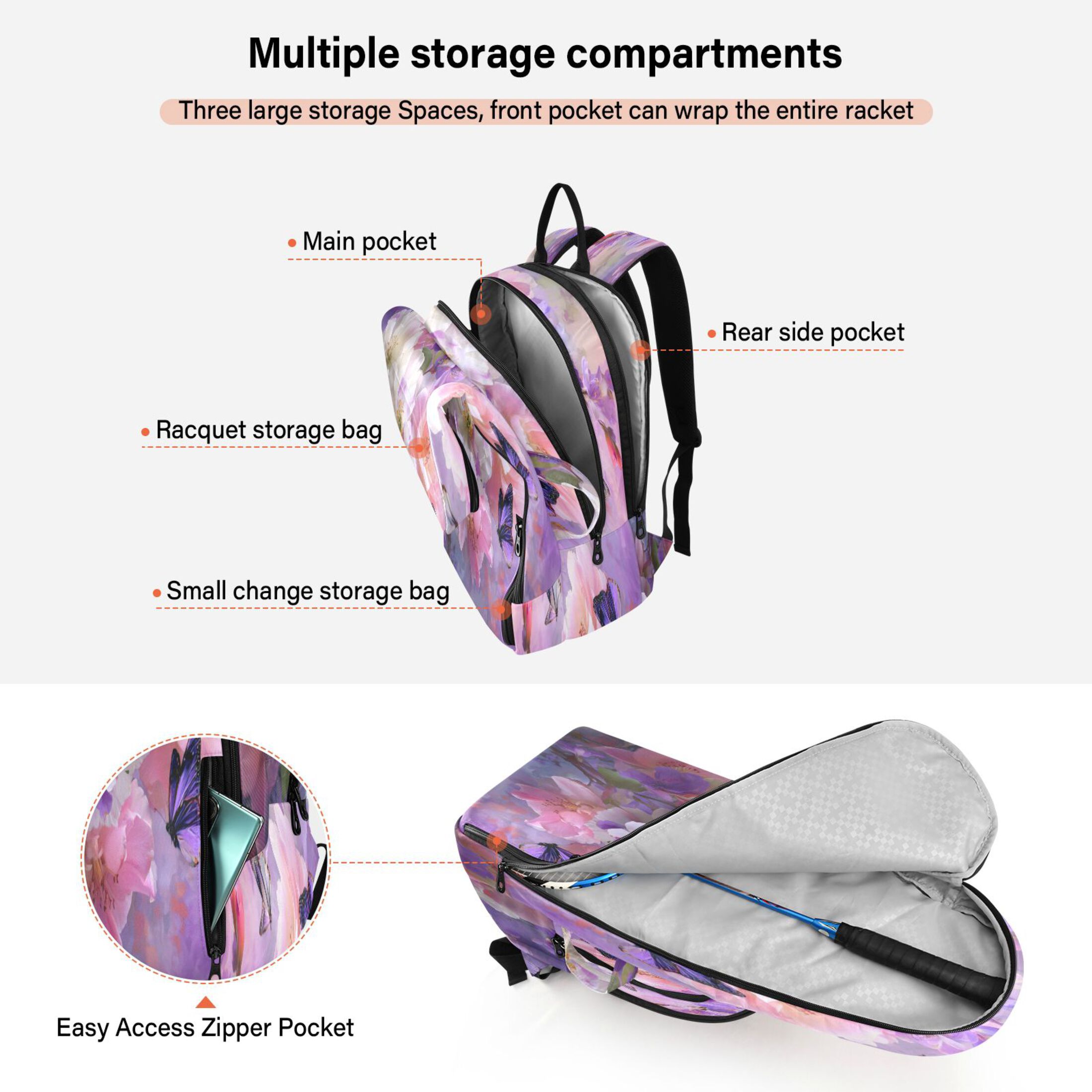 2 Racquet Holder Tennis Backpack Tennis Racket Covers Gym Bags Beautiful Spring Flowers