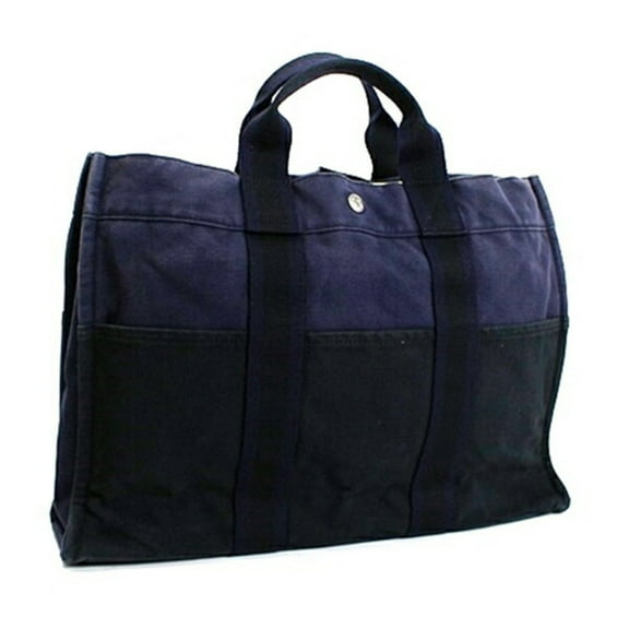 Pre-Owned Hermes Foul Tote MM Canvas Bag Navy x Black HERMES Women's Men's Unisex (Fair)