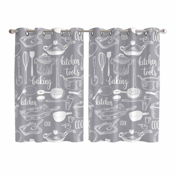 Grey Kitchenware Kitchen Curtains Window Panels, Modern Funny Cook Tools Spoons Forks Insulated Window Treatment Curtain, Grommet Curtains for Bedroom/Living Room/Bathroom, 2 Piece 52"Wx72"L