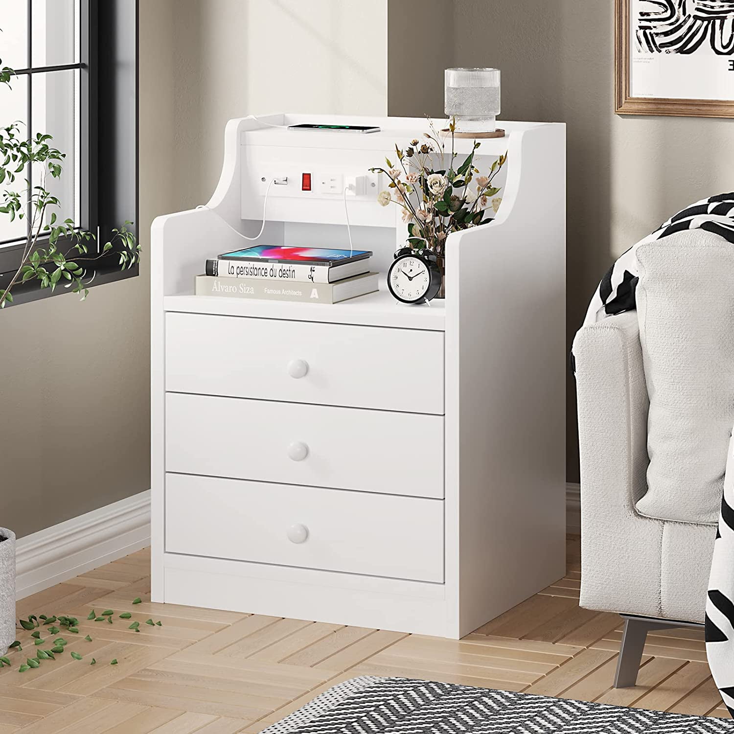 Nightstand with Charging Station, Smart Bedside Table, End Side Table with Drawers for Bedroom, White