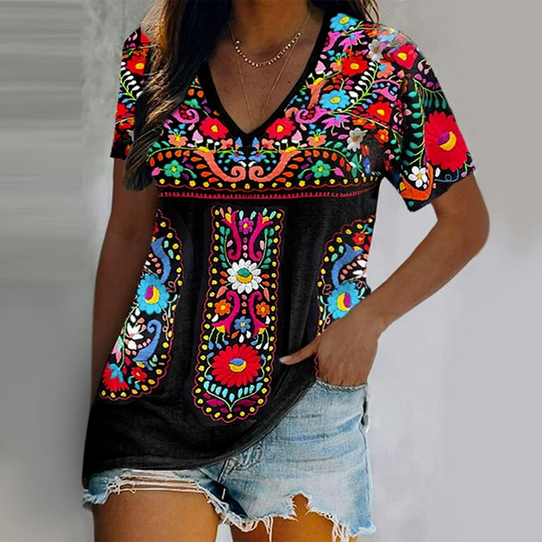 Yyeselk Women's Mexican Embroidered Tops Traditional Boho Hippie Clothes  Peasant Blouse Bohemian Short Sleeve Sexy V-Neck Shirt Tunic Black M 