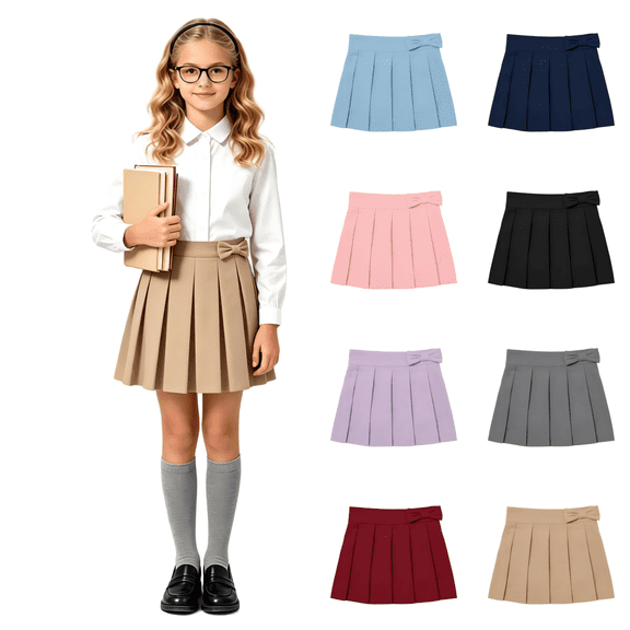 Wilark Girls Cotton Pleated Skirts with Skorts Size 10-12, School Uniform Elastic Waist A-line Preppy Kids Mini Skirts Khaki