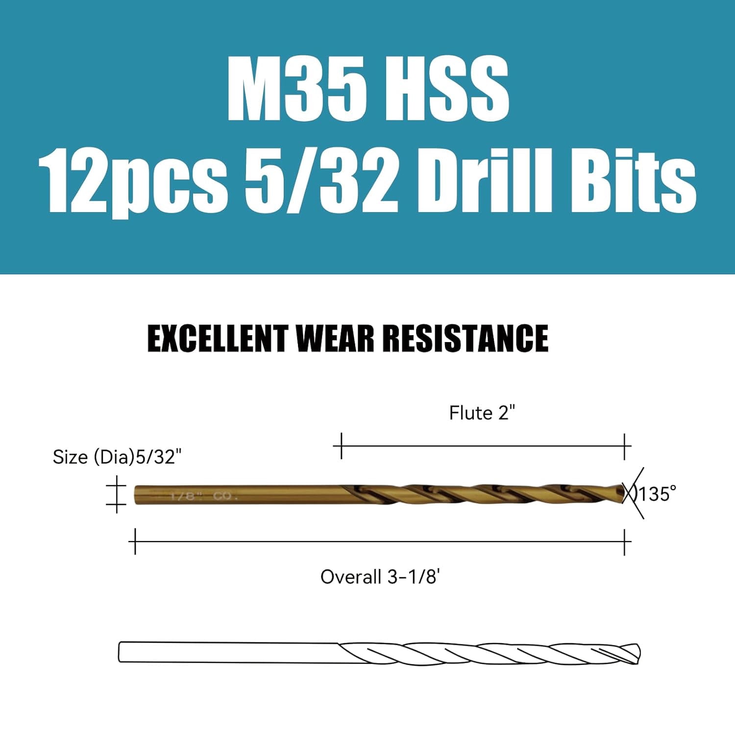 FRKSMD-Techhyren 12pcs Cobalt Drill Bit Set, 5/32" M35 HSS Jobber Length Metal Drill Bit Set for Stainless Steel, Hard Metal, Cast Iron, Wood and Plastic, with Storage Case