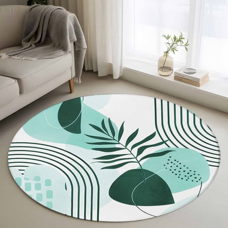 Round Rug 3ft Area Rug Boho Abstract Teal Color Block Area Rugs for Living Room Bedroom Mid Century Leaf Lines Floor Mat Non-Slip Non-Shedding Carpet Indoor Accent Rugs