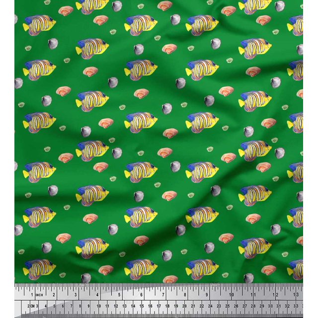 Soimoi Green Poly Georgette Fabric Fish & Shells Ocean Print Sewing Fabric Yard 52 Inch Wide