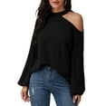 thumbnail image 2 of Jersey de punto con hombros descubiertos y hombros caídos, manga larga, cuello redondo, tejido tipo gofre, suave y suelto, para mujer, negro, L, 2 of 5