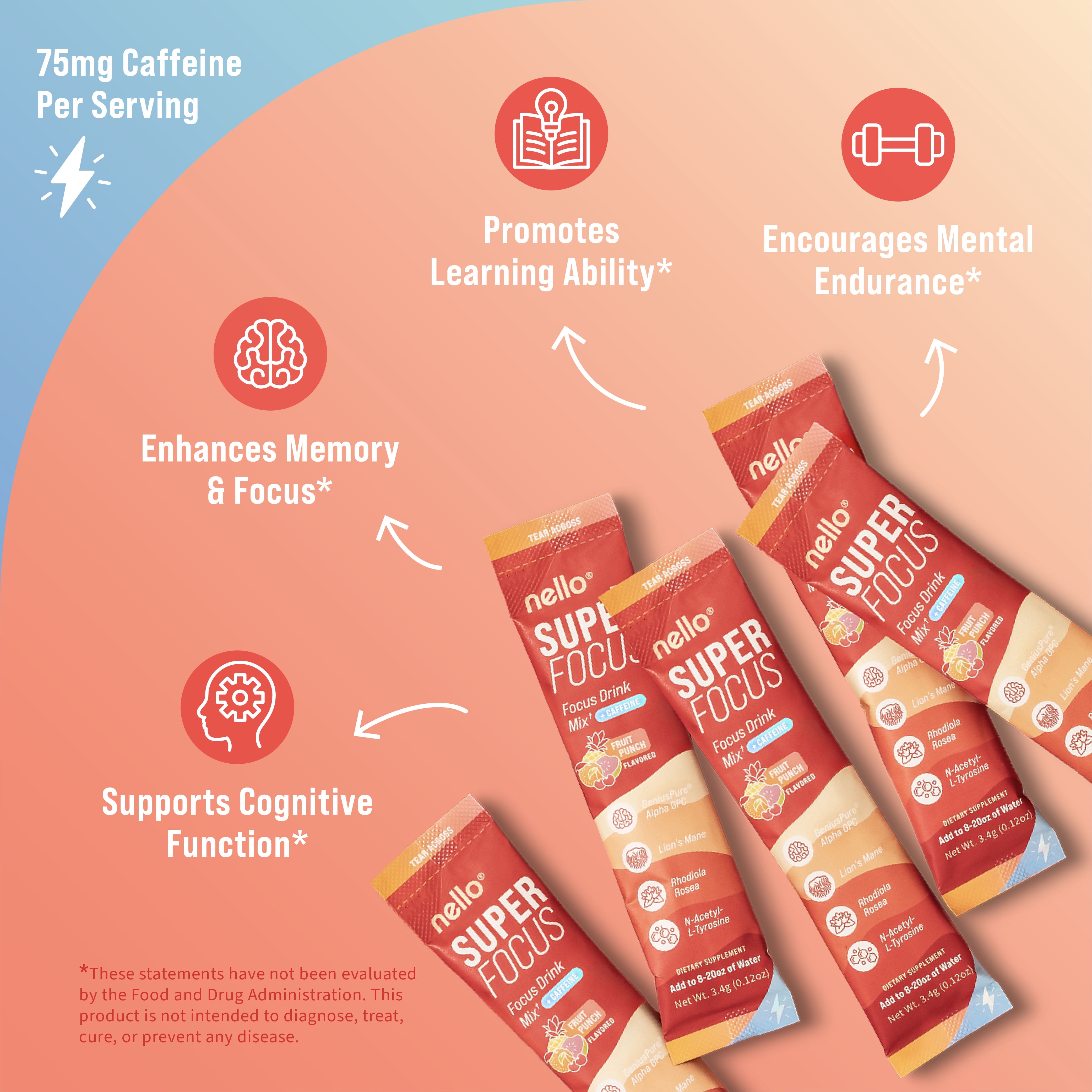Nello SuperFocus Focus Drink Mix – Fruit Punch Flavor – Alpha GPC, Lion’s Mane, Rhodiola & N-Acetyl L-Tyrosine – Sugar-Free, On-the-Go Packets – 20 Travel Packets - Fruit Punch + Caffeine