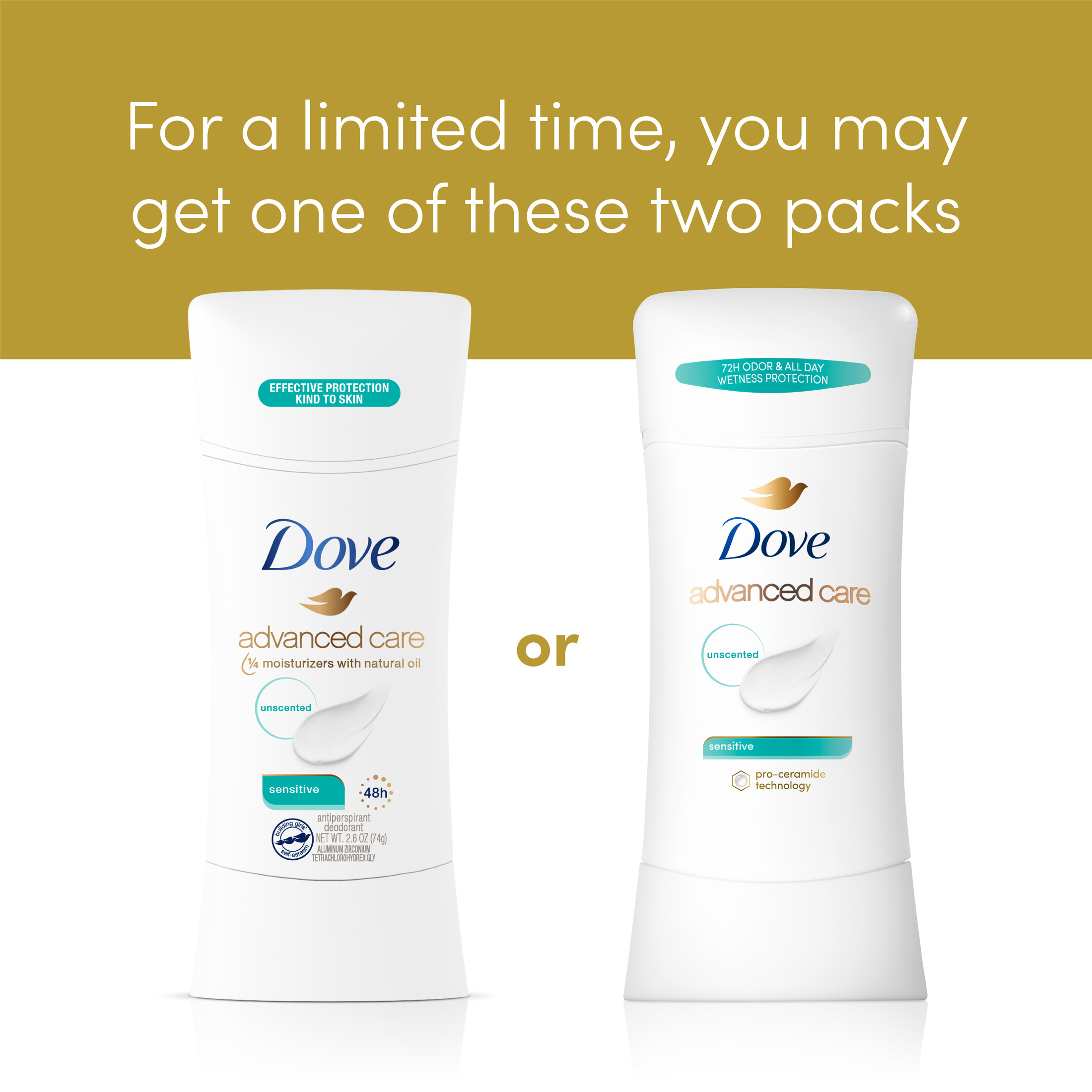 Dove Advanced Care Long Lasting Women's Sensitive Antiperspirant Deodorant Stick, Unscented, 2.6 oz - image 4 of 8