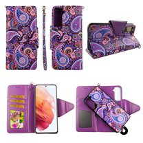 Case For Samsung Galaxy S21 6.2 2021 Detachable Magnetic Wallet Pu Leather Cover Flap Closure Snap-on Book Style Cases Cash Pocket with Card Slots Holder Wrist Strap 2 in 1 Folio Purple Paisley