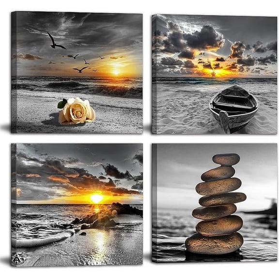 Black and White Gold Wall Decor Sea Sunset Beach Wall Art Seascape Zen Painting Sunrise Wall Picture Ocean Canvas Print for Living Room Bedroom Bathroom Home Wall Decoration Framed Wall Art