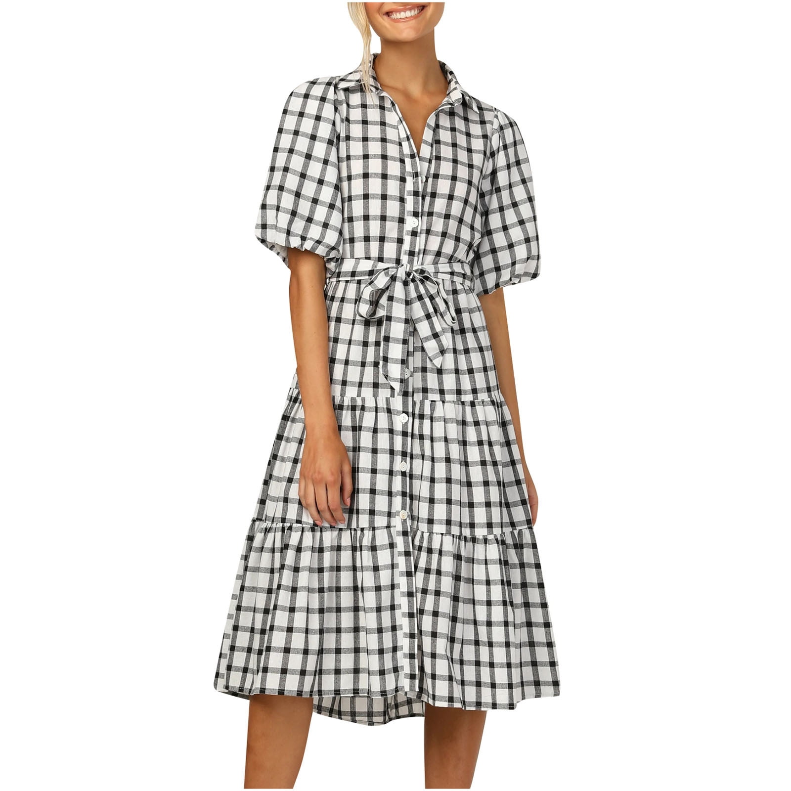 Plaid Casual Summer Dresses Lapel Down 