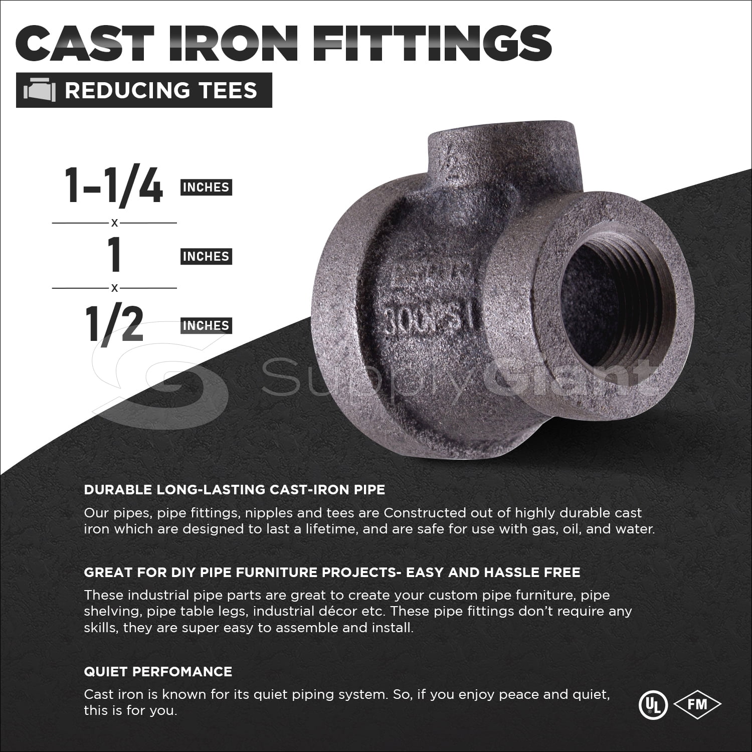 Supply Giant 1-1/4" x 1" x 1/2" BLack Pipe Fitting Reducing Tee Cast Iron