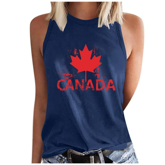 Amzcrzy Camisole pour Femmes Tendance à Imprimé de Feuille d'Érable Camisoles de la Fête du Canada Décontractées à Col Rond Sans Manches Hauts pour Femmes Confortables Camisoles d'Été pour Femmes
