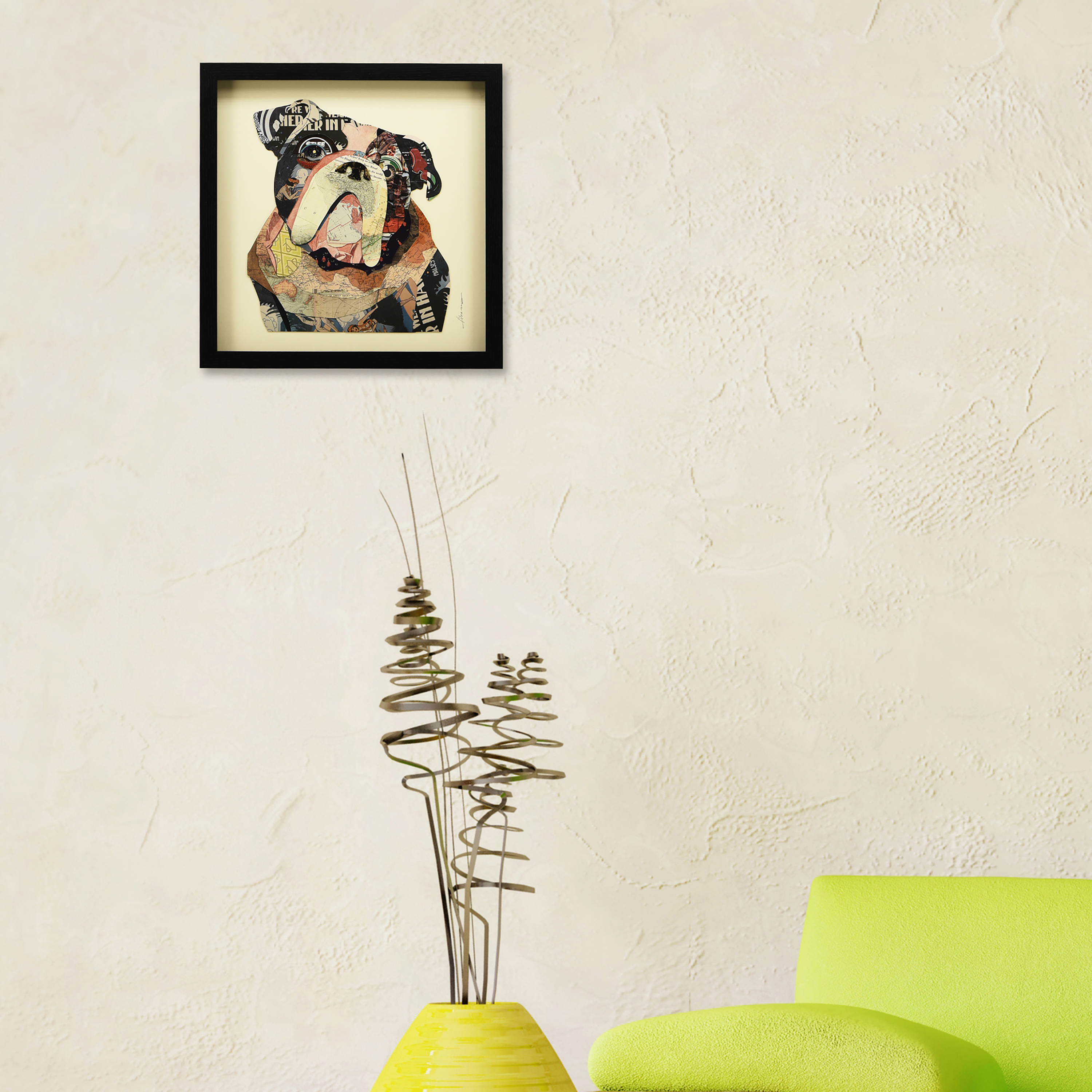 "English Bulldog" Dimensional Collage Framed Graphic Art Under Glass Wall Art