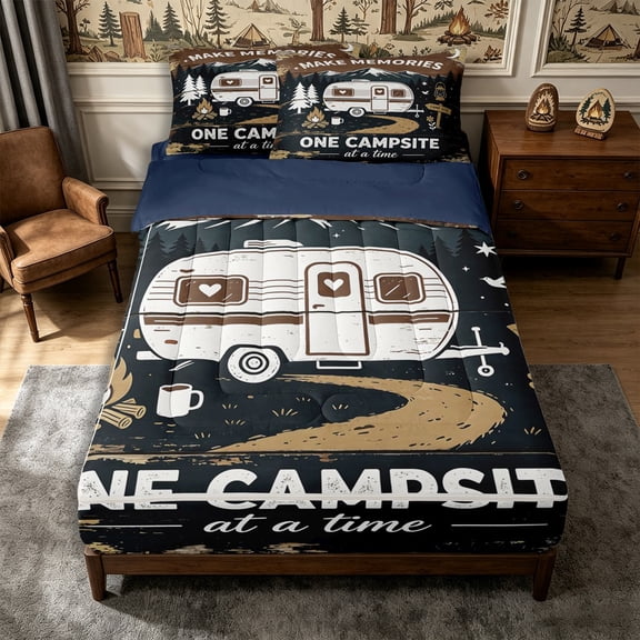 Manfei Camping RV Accessories Zipper Twin Comforter Sets with Fitted Sheet and 2 Pillowcases,Adventure Theme Zipper Bedding Set,Dark Brown White,Reversible