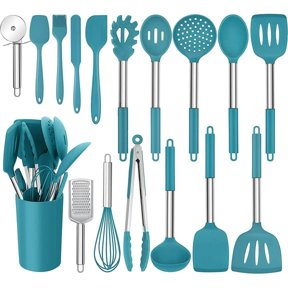 17 pcs Silicone Cooking Utensils Set with Holder,Nonstick Heat Resistant Stainless Steel Handle,Blue