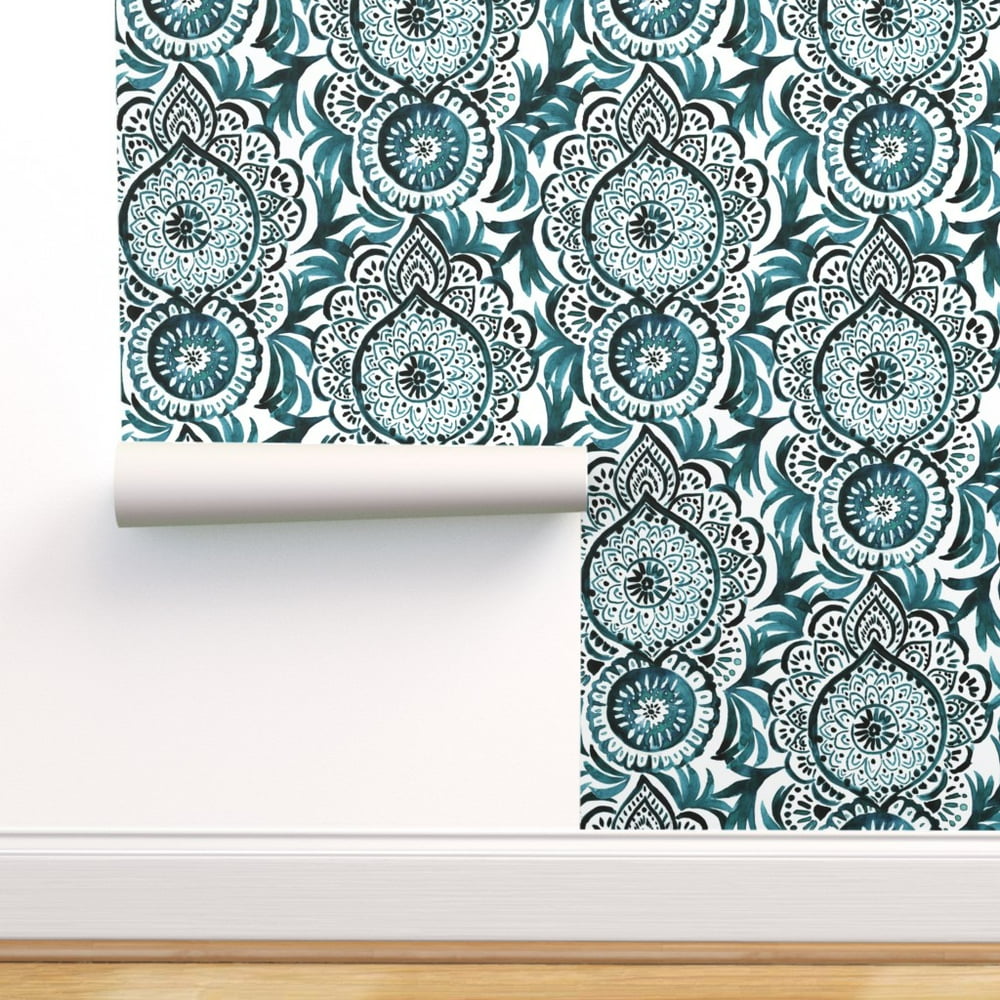 Peel-and-Stick Removable Wallpaper Medallion Damask Boho Teal - Walmart