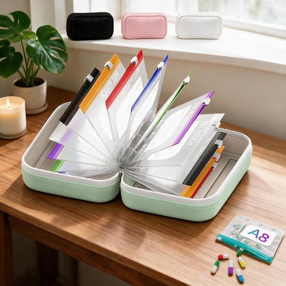 A8 Pill Pouches for Travel, Waterproof Pill Organizer with Coded Pouches Zippered Pill Pouches, Leakproof Reusable Zippered Storage Case(14 PCS)
