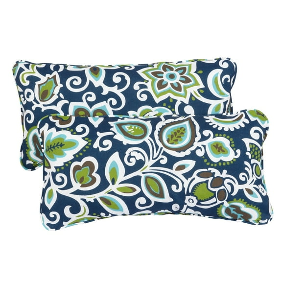 Sorra Home  Floral Navy Corded 12 x 24 Inch Indoor/ Outdoor Lumbar Pillows (Set of 2)