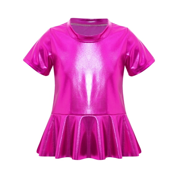 inlzdz Toddler Girls Metallic Ruffle Hem Top Kids Short Sleeve Sparkly T-shirt Jazz Dance Shirt Peplum Tee Hot Pink 100