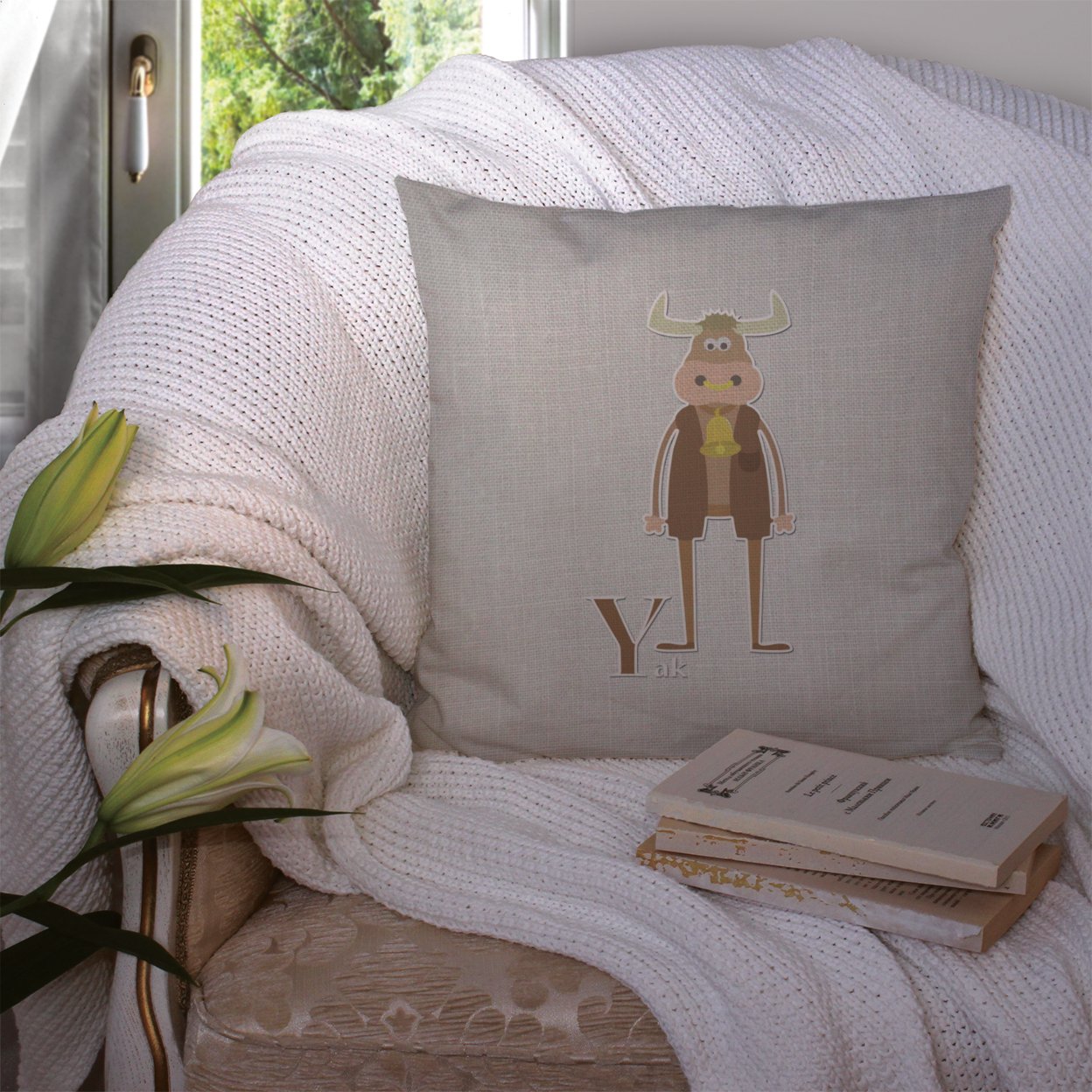 Carolines Treasures BB5750PW1414 Alphabet Y for Yak Fabric Decorative Pillow 14Hx14W multicolor