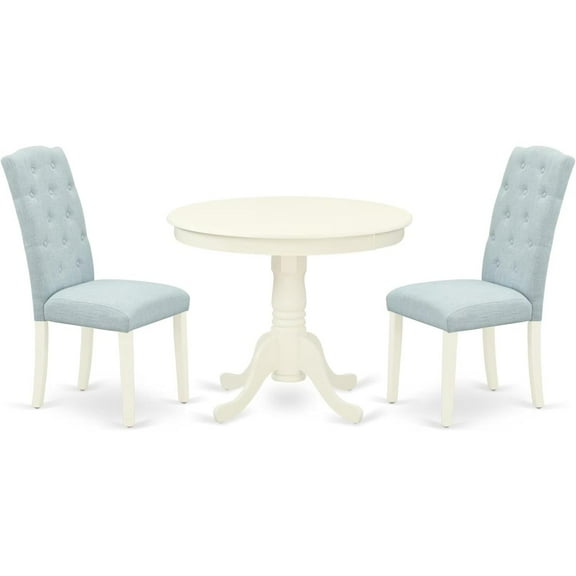 HomeStock 3 Piece Modern Dining Table Set Contains a Round Kitchen Table with Pedestal and 2 Blue Linen Fabric Parsons Dining Chairs, 36x36 Inch,Linen White