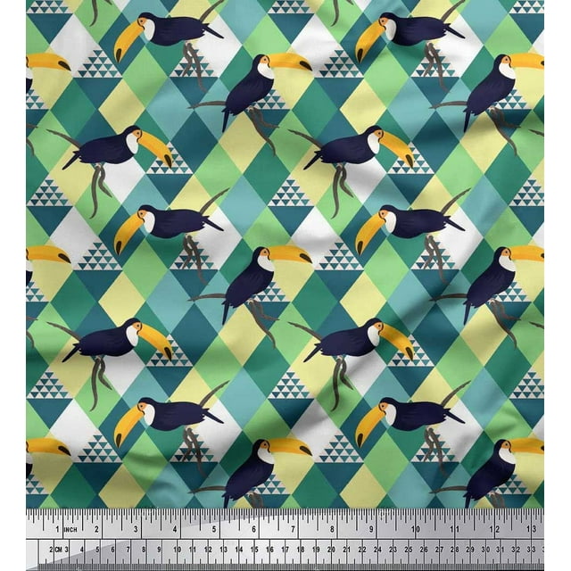 Soimoi Poly Georgette Fabric Check & Toucan Bird Decor Fabric Printed Yard 52 Inch Wide