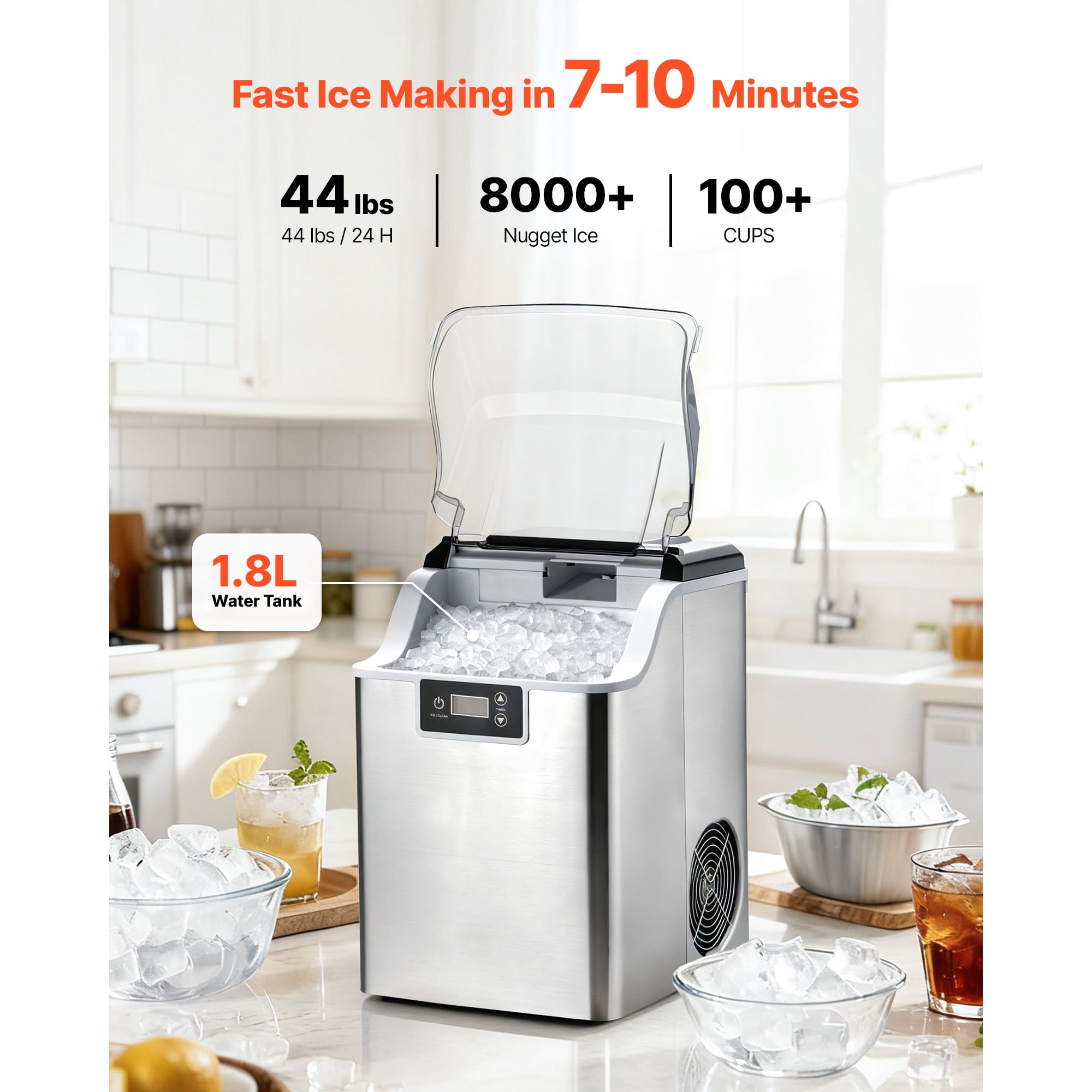 KFFKFF Countertop Ice Maker, 44 lbs Daily Capacity, Portable Machine with Self-Cleaning Function, 4 lbs Ice Storage, Nugget Ice Maker for Home, Kitchen, Office, Bar, and Parties