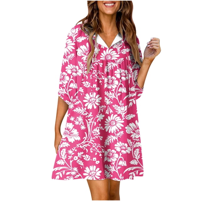 QIPOPIQ Robes d'Été pour Femmes Décontractées à Col en V Manches Chauve-Souris 3/4 à Imprimé Floral Robe Chemise Ample et Fluide Liquidation