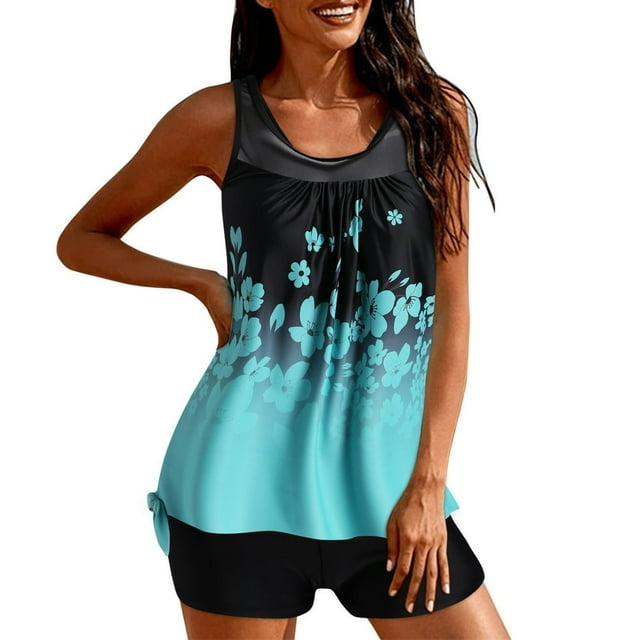 Two Piece Mesh Tankini Swimsuits for Women Rushed Bathing Suits Blouson Swim Top with Bikini Bottoms Teen Girl