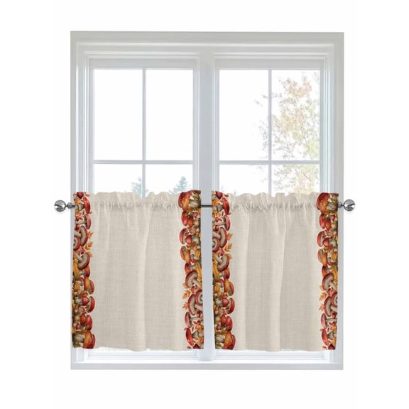 Red Mushrooms 2 Panel Kitchen Curtains for Small Windows, Farmhouse Retro Autumn Leaves Plants Bathroom Tier Curtain, Short Window Treatment for Bedroom/Living Room 55"x24"